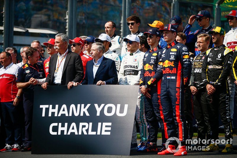 Drivers, team personnel and FIA members gather to pay tribute to the late Charlie Whiting, Race Director, FIA