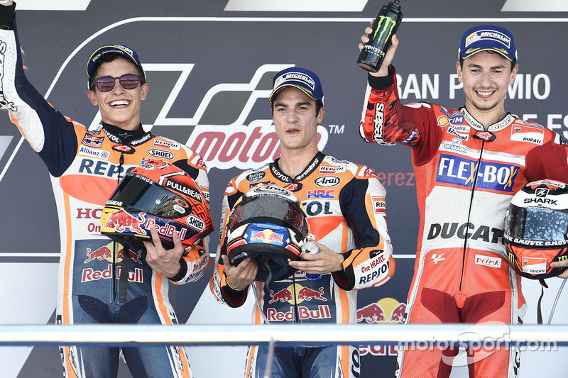 Podium : le vainqueur Dani Pedrosa, Repsol Honda Team, le deuxième Marc Marquez, Repsol Honda Team, le troisième Jorge Lorenzo, Ducati Team