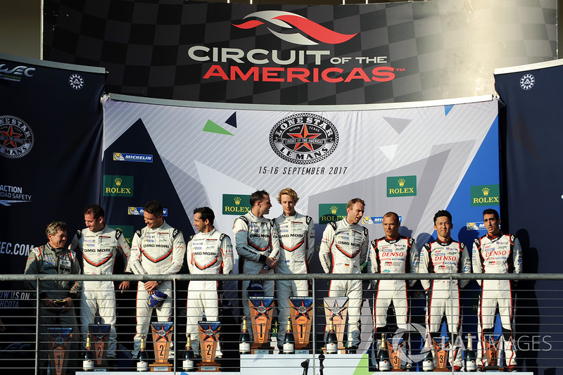 Podium: winners Timo Bernhard, Earl Bamber, Brendon Hartley, Porsche Team, second place Neel Jani, Andre Lotterer, Nick Tandy, Porsche Team, third place Stéphane Sarrazin, Sébastien Buemi, Kazuki Nakajima, Toyota Gazoo Racing