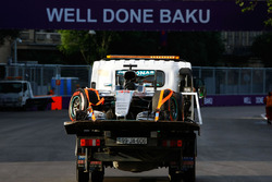 The Mercedes AMG F1 W07 Hybrid of Lewis Hamilton, Mercedes AMG F1 is recovered back to the pits on the back of a truck after he crashed in qualifying