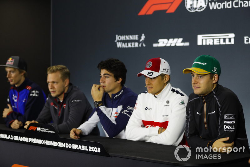 Brendon Hartley, Toro Rosso, Kevin Magnussen, Haas F1 Team, Lance Stroll, Williams Racing, Marcus Ericsson, Sauber, et Stoffel Vandoorne, McLaren, en conférence de presse