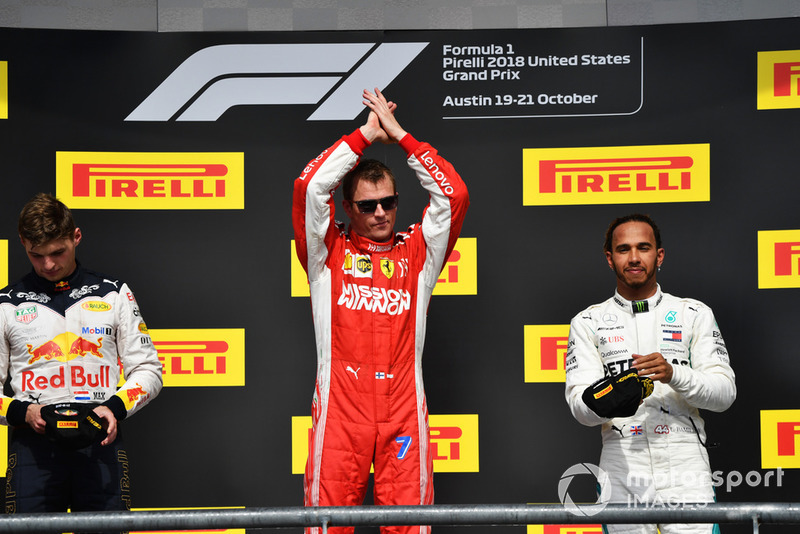 (L to R): Max Verstappen, Red Bull Racing, Kimi Raikkonen, Ferrari and Lewis Hamilton, Mercedes AMG F1 celebrate on the podium