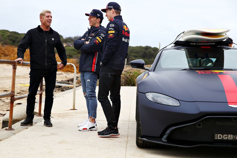 Max Verstappen, Red Bull Racing and Pierre Gasly, Red Bull Racing prepare to go surfing with surf legend Mick Fanning