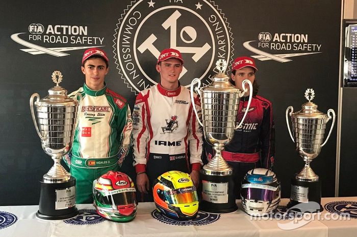 David Vidales, Danny Keirle y Julho Valtanen, podio Mundial de karting CIK-FIA