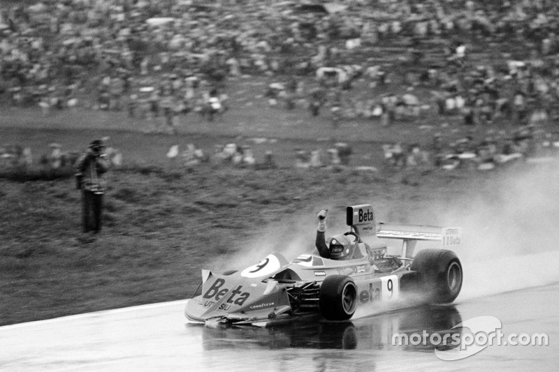 Vittorio Brambilla, March 751-Ford, celebrates after crashing after the finish