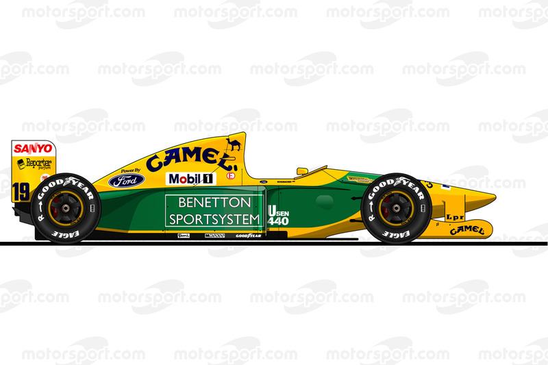 El Benetton B192 conducido por Michael Schumacher en 1992.
Prohibida la reproducción, Motorsport.com