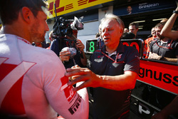 Romain Grosjean, Haas F1 Team, Gene Haas, Team Owner, Haas F1, and the Haas F1 team celebrate the team's best finish yet