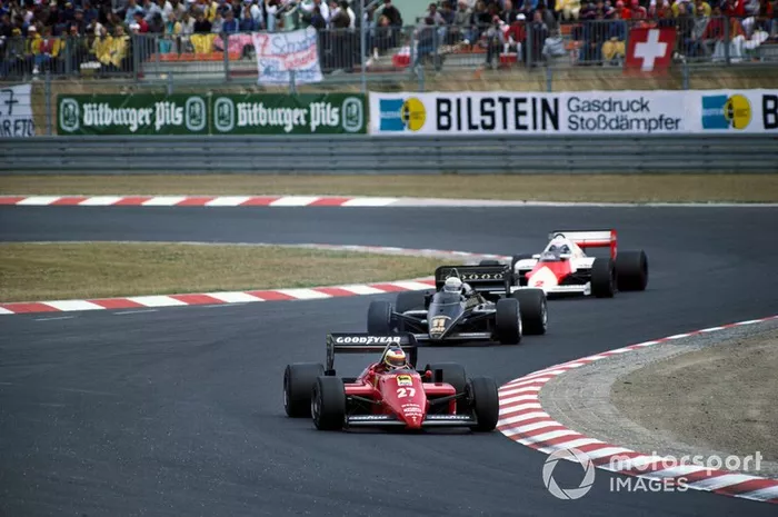 Michele Alboreto, Ferrari 156/85, Elio de Angelis, Lotus 97T Renault y Alain Prost, McLaren MP4-2B TAG