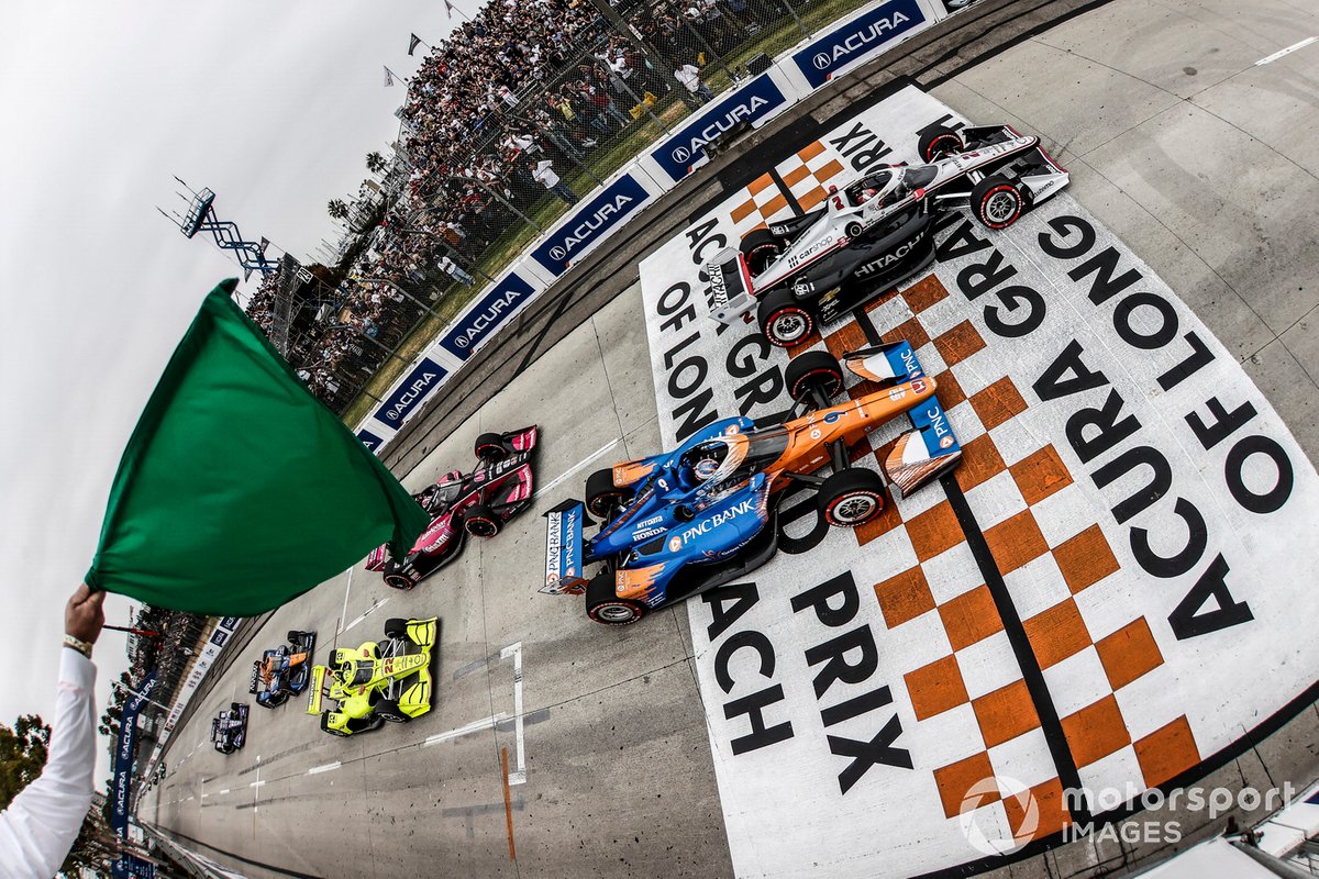 Scott Dixon, Chip Ganassi Racing Honda, Josef Newgarden, Team Penske Chevrolet, Jack Harvey, Meyer Shank Racing Honda, Simon Pagenaud, Team Penske Chevrolet, Felix Rosenqvist, Arrow McLaren SP Chevrolet, start