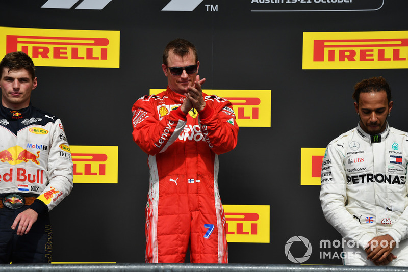 (L to R): Max Verstappen, Red Bull Racing Kimi Raikkonen, Ferrari and Lewis Hamilton, Mercedes AMG F1 on the podium