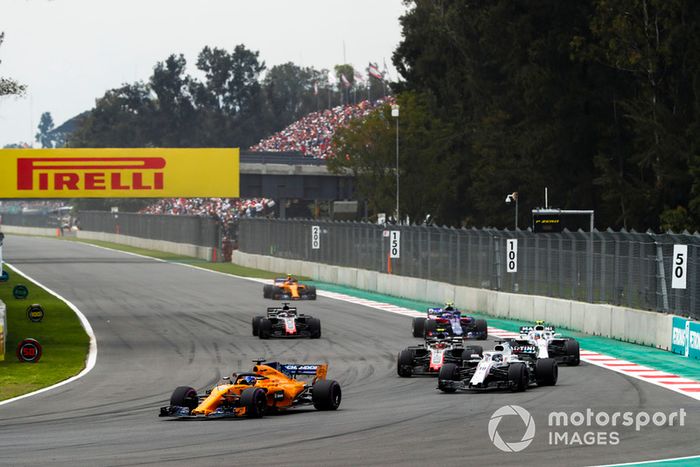 Fernando Alonso, McLaren MCL33, Lance Stroll, Williams FW41, Kevin Magnussen, Haas F1 Team VF-18, Sergey Sirotkin, Williams FW41, Pierre Gasly, Scuderia Toro Rosso STR13, Romain Grosjean, Haas F1 Team VF-18, y Stoffel Vandoorne, McLaren MCL33