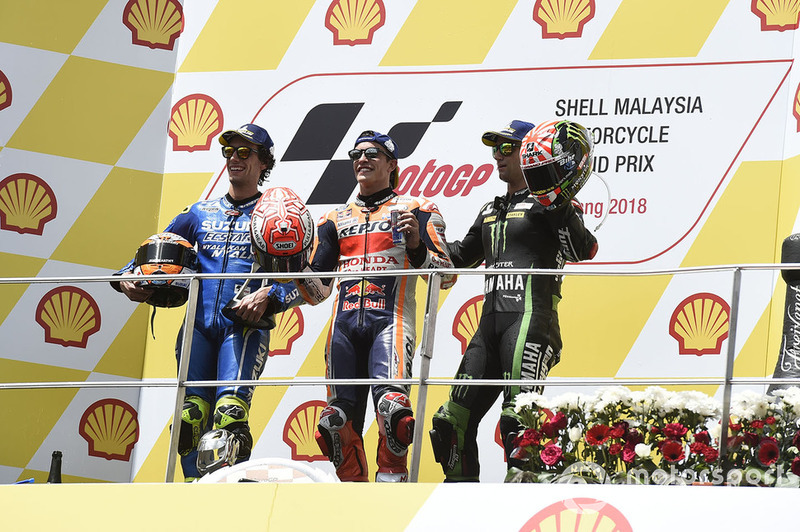 Podio: il vincitore della gara Marc Marquez, Repsol Honda Team, il secondo classificato Alex Rins, Team Suzuki MotoGP, il terzo classificato Johann Zarco, Monster Yamaha Tech 3