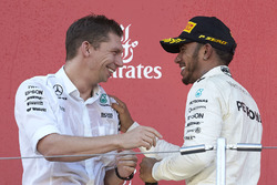 James Vowles, Chief Strategist, Mercedes AMG F1, Race winner Lewis Hamilton, Mercedes AMG F1, on the podium