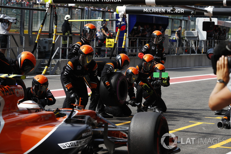 Stoffel Vandoorne, McLaren MCL32, pit stop action