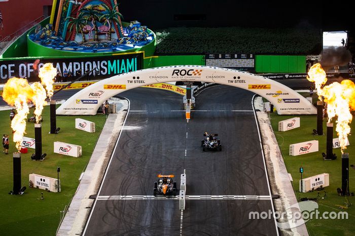 Team Germany Sebastian Vettel, beats Team Colombia Juan Pablo Montoya, driving the Ariel Atom Cup