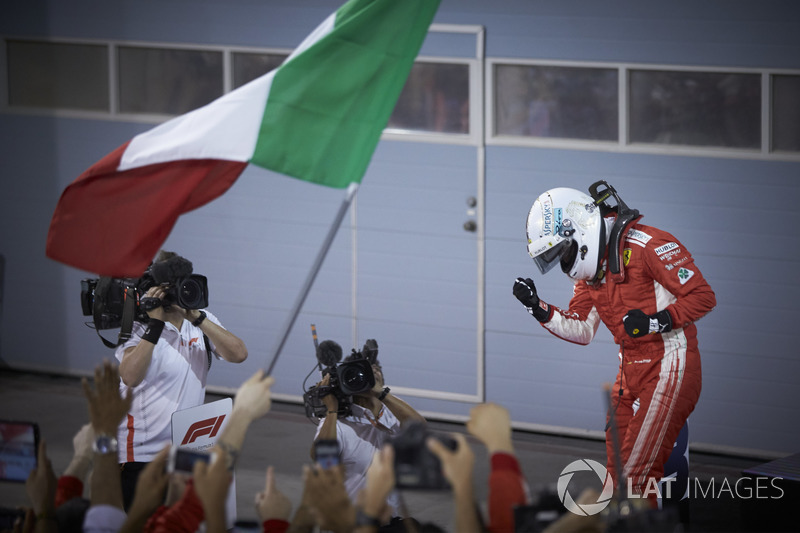 Sebastian Vettel, Ferrari, 1st position, celebrates upon arrival in Parc Ferme