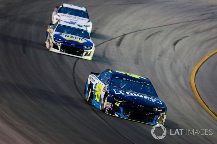 Jimmie Johnson, Hendrick Motorsports, Chevrolet Camaro Lowe's / Jimmie Johnson Foundation, Chase Elliott, Hendrick Motorsports, Chevrolet Camaro NAPA Auto Parts, and Brad Keselowski, Team Penske, Ford Fusion Discount Tire