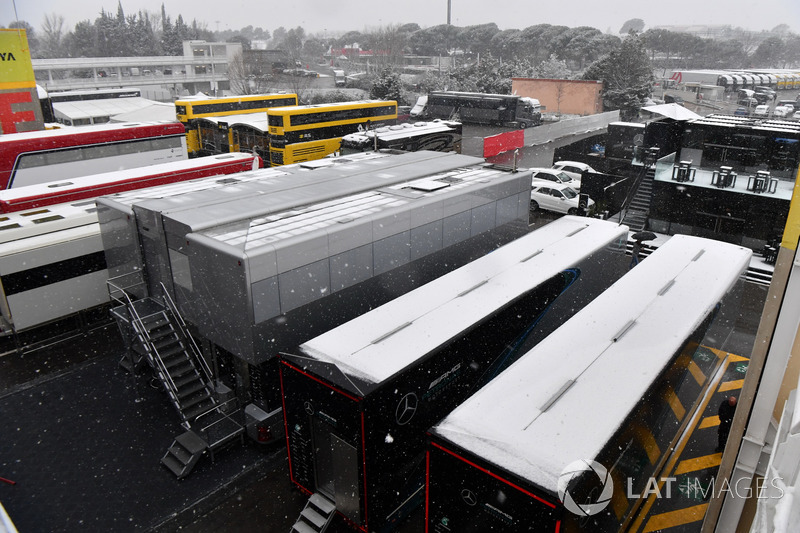 Trucks in the Paddock as snow stops testing