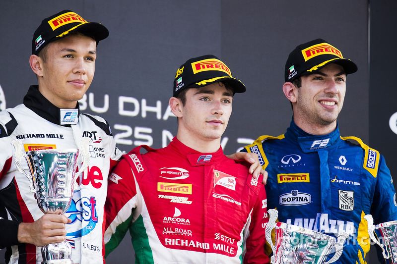 Podium : le vainqueur Charles Leclerc, PREMA Powerteam, le deuxième, Alexander Albon, ART Grand Prix, le troisième, Nicholas Latifi, DAMS