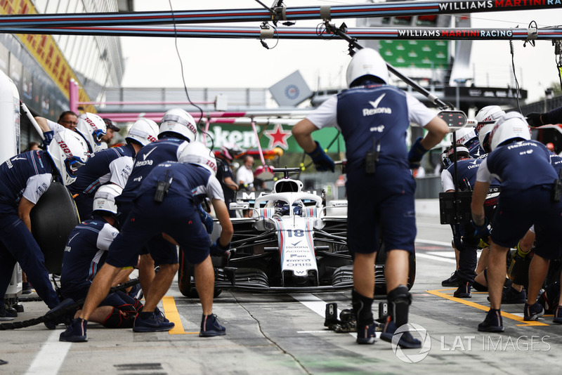 Lance Stroll, Williams FW41, in the pits during practice