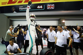 Lewis Hamilton, Mercedes AMG F1 W09 EQ Power+, celebrates after taking Pole Position