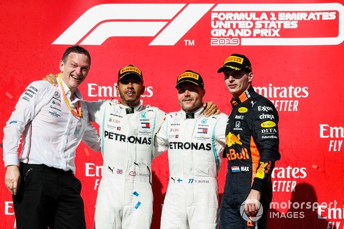 World Champion Lewis Hamilton, Mercedes AMG F1, race winner Valtteri Bottas, Mercedes AMG F1, and James Allison, Technical Director, Mercedes AMG celebrate on the podium with Max Verstappen, Red Bull Racing 