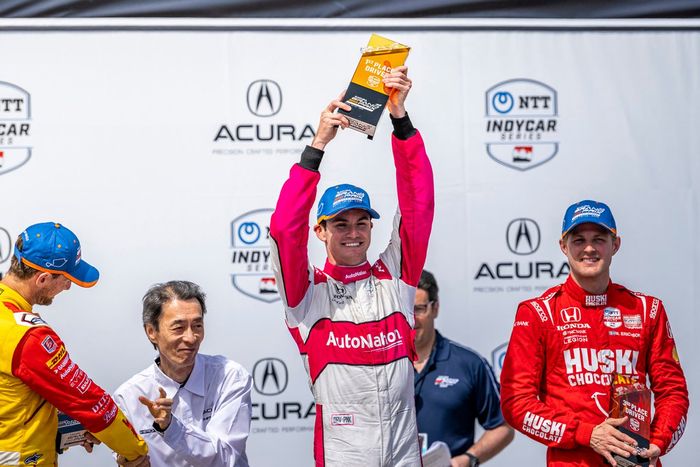 Ganador, Kyle Kirkwood, Andretti Autosport Honda, 2º, Romain Grosjean, Andretti Autosport Honda, 3º, Marcus Ericsson, Chip Ganassi Racing Honda