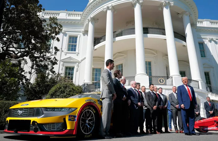 U.S. President Donald Trump, Roger Penske, Joey Logano, Ryan Blaney