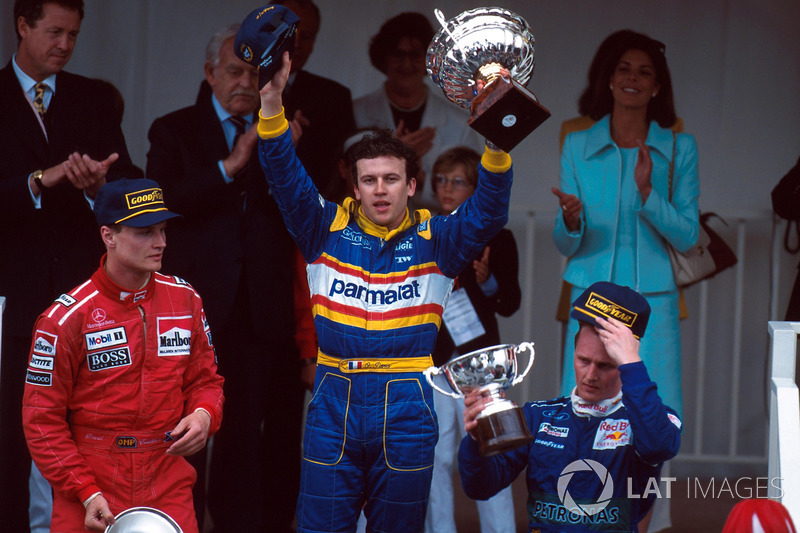 David Coulthard, Olivier Panis and Johnny Herbert on the 1996 Monaco podium