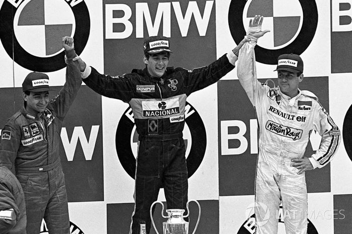 Race winner Ayrton Senna, Lotus, second place Michele Alboreto, Ferrari, third place Patrick Tambay, Renault