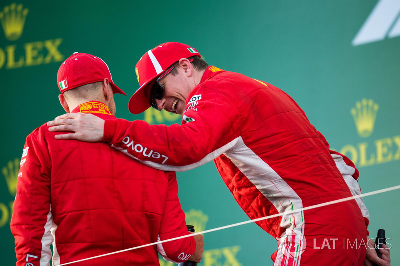 Race winner Sebastian Vettel, Ferrari and Kimi Raikkonen, Ferrari celebrate on the podium