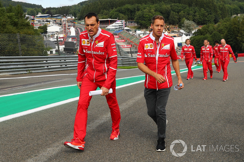 Sebastian Vettel, Ferrari walks the track, Adami, Ferrari Race Engineer