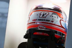 The helmet of Romain Grosjean, Haas F1 Team with a tribute to Jules Bianchi