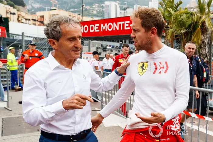Alain Prost, Renault F1 Team con Sebastian Vettel, Ferrari