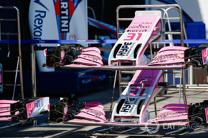 Front wings of Sergio Perez, Force India and Esteban Ocon, Force India