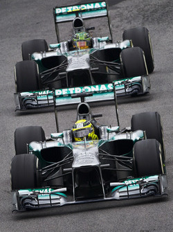Nico Rosberg, Mercedes W04, leads Lewis Hamilton, Mercedes W04