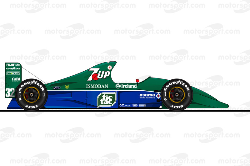 La Jordan 191 pilotée par Michael Schumacher en 1991<br/> Reproduction interdite, exclusivité Motors