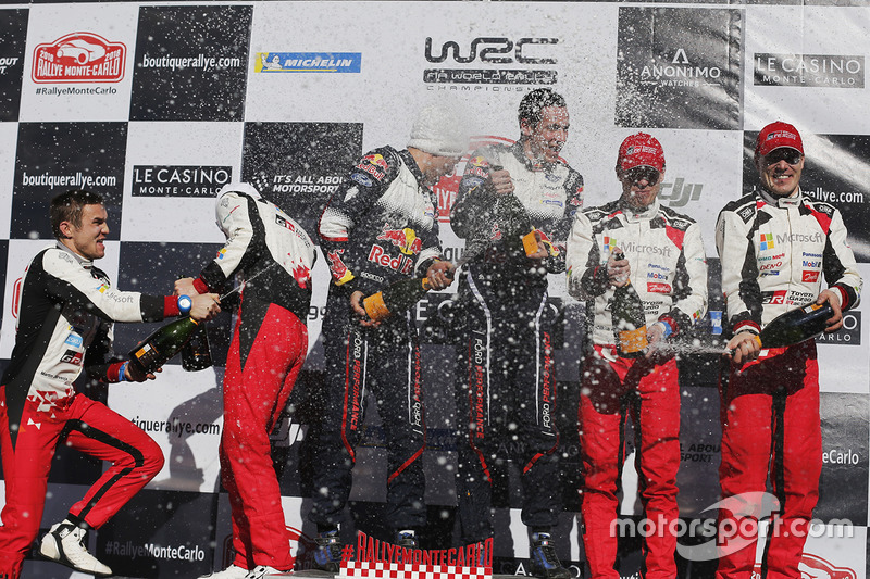 Podio: los ganadores del Rally de MonteCarlo 2018 Sébastien Ogier y Julien Ingrassia, M-Sport Ford, el segundo Ott Tanak, Martin Järveoja, Toyota Gazoo Racing, el tercero Jari-Matti Latvala, Miikka Anttila, Toyota Gazoo Racing