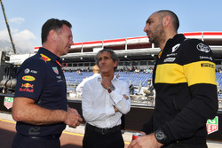 Christian Horner, Red Bull Racing Team Principal, Alain Prost, Renault Sport F1 Team Special Advisor and Cyril Abiteboul, Renault Sport F1 Managing Director