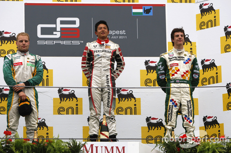 Podium Race 2 GP3 Hongaria 2011: Pemenang balapan, Rio Haryanto bersama Valtteri Bottas dan James Calado