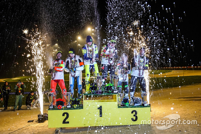 Winners (Left to Right): Mattia Pasini and Lorenzo Baldassarri, Valentino Rossi and Franco Morbidelli, Dennis Foggia and Federico Fuligni