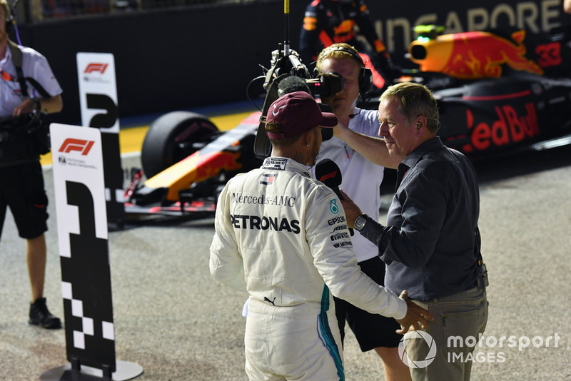 Pole sitter Lewis Hamilton, Mercedes AMG F1 talks with Martin Brundle, Sky TV in parc ferme
