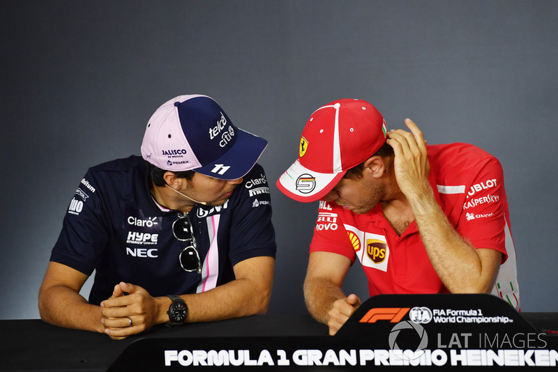 Sergio Perez, Racing Point Force India F1 Team and Sebastian Vettel, Ferrari in the Press Conference