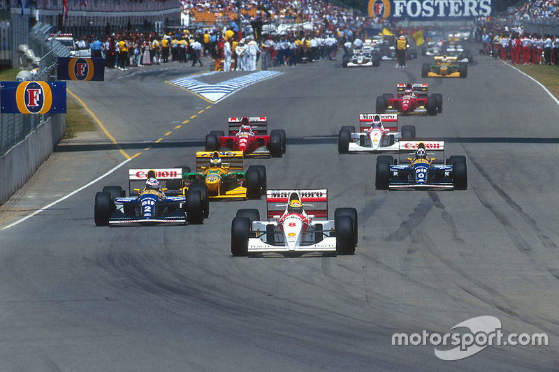 Ayrton Senna, McLaren leads Alain Prost, Williams; Michael Schumacher, Benetton; Damon Hill, William