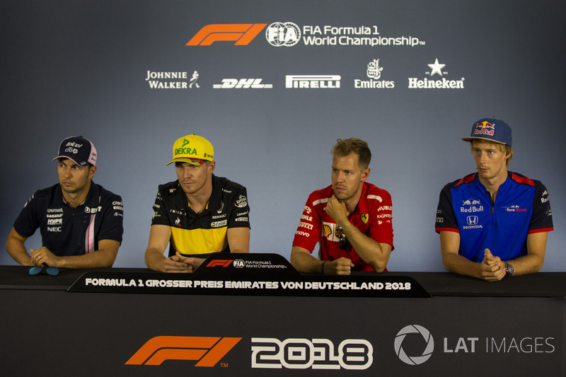 Sergio Perez, Force India, Nico Hulkenberg, Renault Sport F1 Team, Sebastian Vettel, Ferrari and Pierre Gasly, Scuderia Toro Rosso in the Press Conference