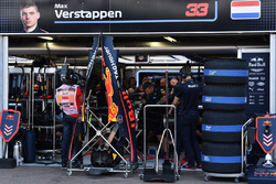 Red Bull Racing mechanics work on the car of Max Verstappen, Red Bull Racing RB14