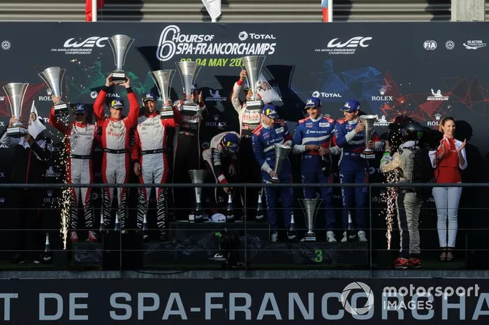 P1 Podio, #3 Rebellion Racing Rebellion R-13 - Gibson: Nathanael Berthon, Thomas Laurent, Gustavo Menezes, #8 Toyota Gazoo Racing Toyota TS050: Sébastien Buemi, Kazuki Nakajima, Fernando Alonso and #11 SMP Racing BR Engineering BR1: Mikhail Aleshin, Vitaly Petrov, Stoffel Vandoorne 