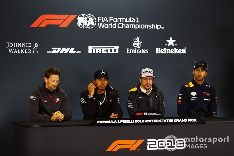 Romain Grosjean, Haas F1 Team,Lewis Hamilton, Mercedes AMG F1, Fernando Alonso, McLaren, and Romain Grosjean, Haas F1 Team, in the press conference.