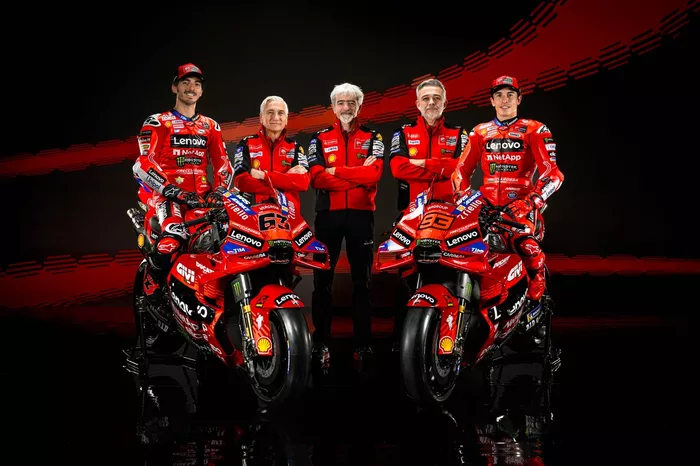 Francesco Bagnaia, Marc Marquez, Ducati Team, with Davide Tardozzi, Team manager Ducati, Gigi Dall’Igna, Ducati general manager, Mauro Grassilli, Sporting director Ducati