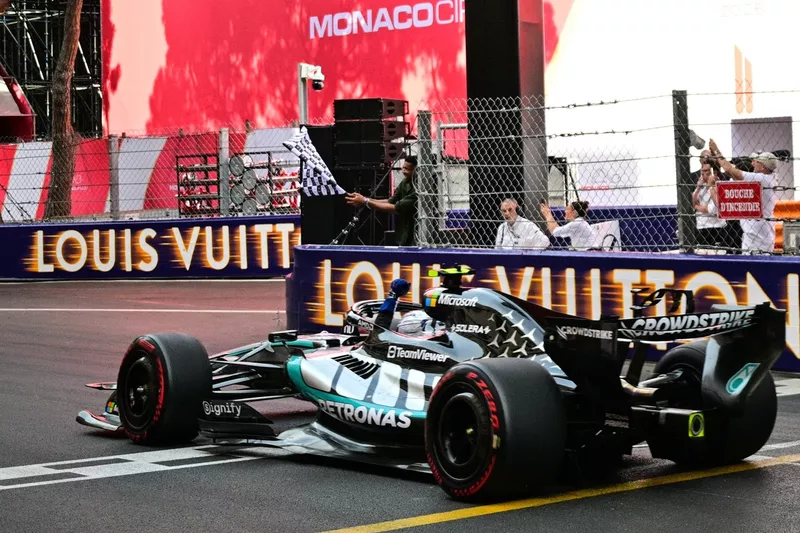 Andrea Kimi Antonelli, Mercedes, crosses the finish line to win the Monaco Grand Prix.
